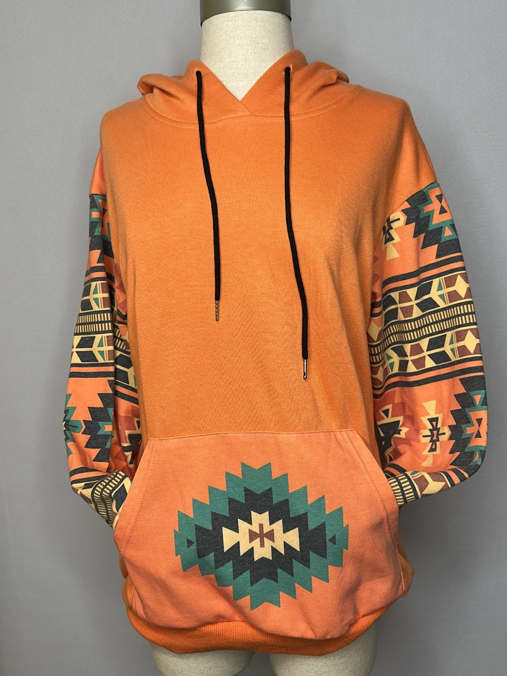 Orange Aztec-Pattern Pullover Hoodie with Front Pocket